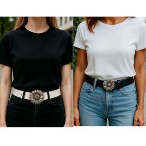 NEW Reversible Black White Belt Vegan Faux Leather M/L Silver Sunflower Buckle